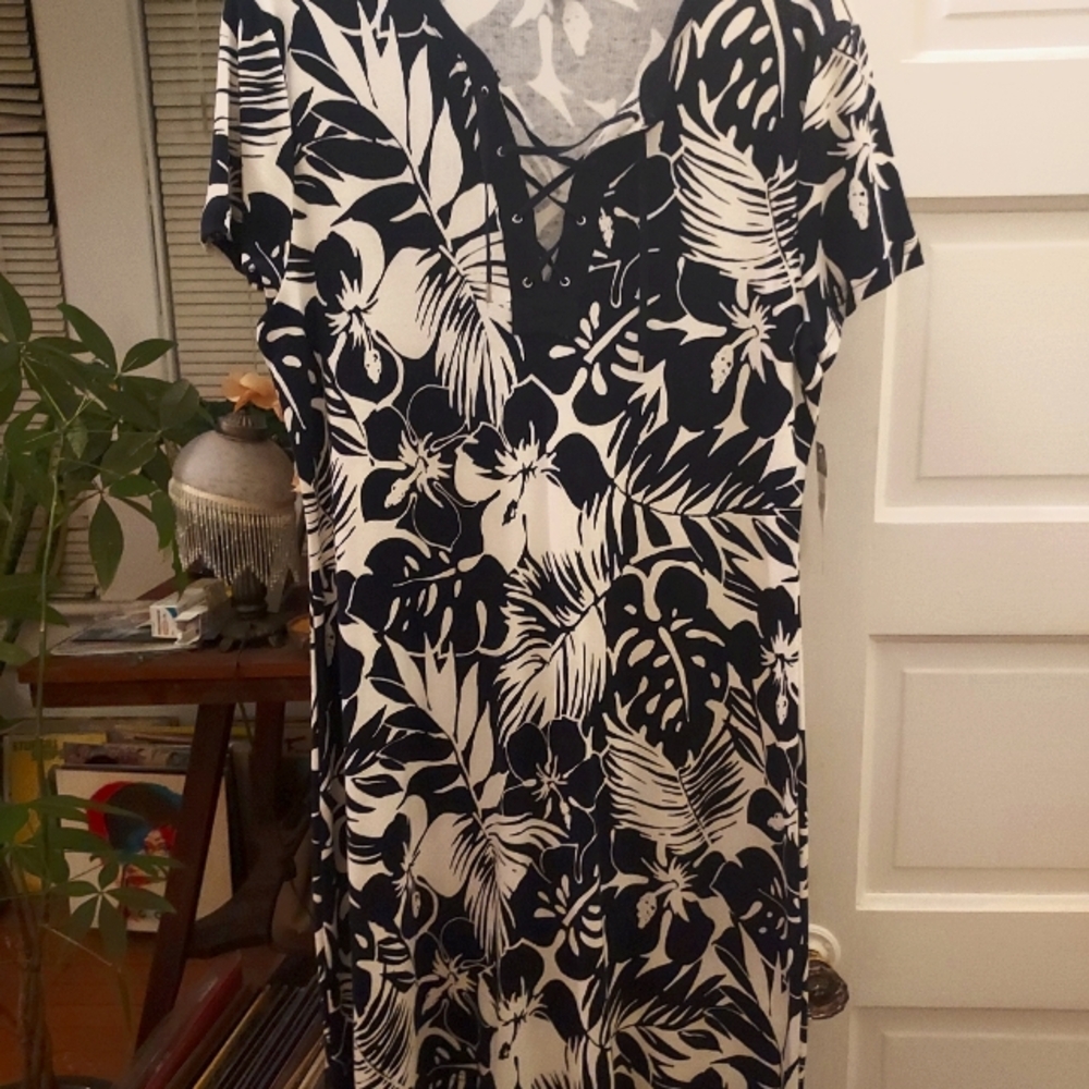 NWT CHAPS 100% Navy/White Floral Knit Dress Size XL